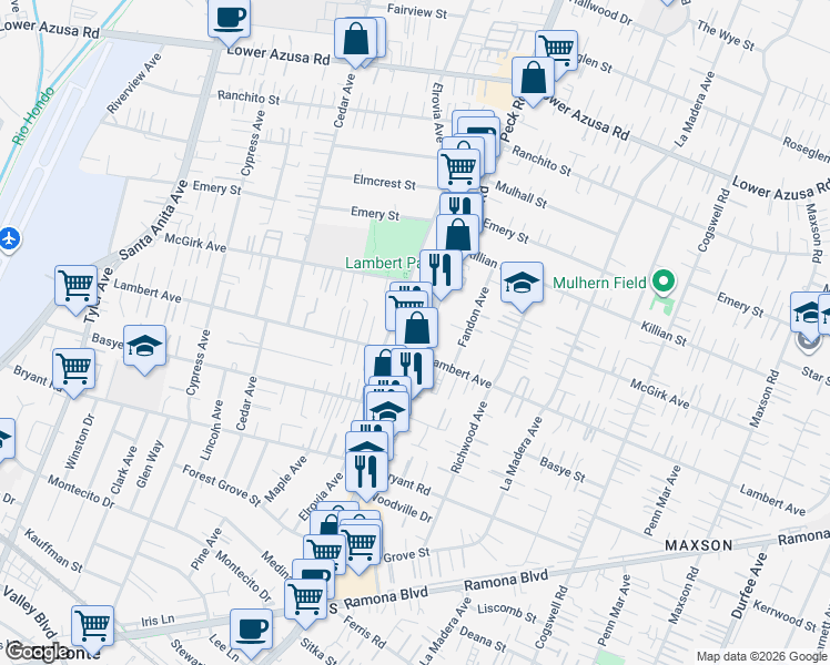 map of restaurants, bars, coffee shops, grocery stores, and more near 4327 Peck Road in El Monte