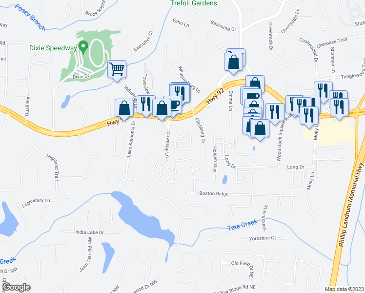 map of restaurants, bars, coffee shops, grocery stores, and more near 354 Hayden Circle in Woodstock