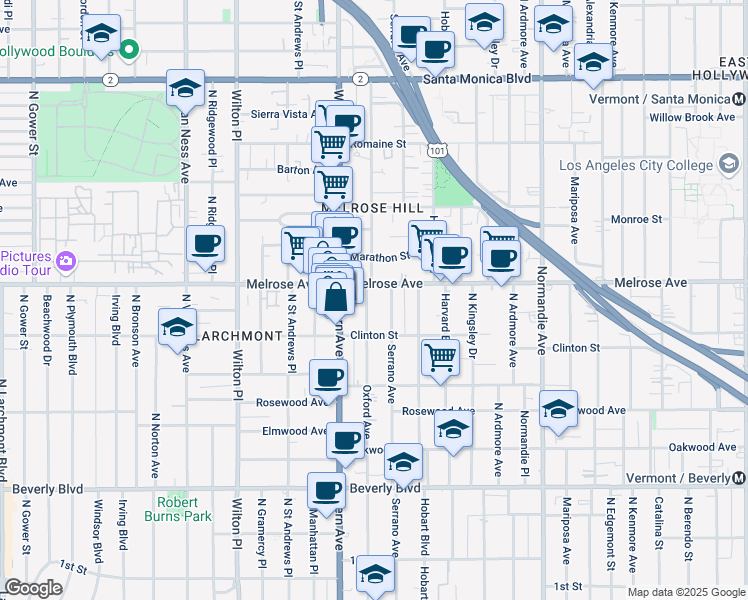 map of restaurants, bars, coffee shops, grocery stores, and more near 644 North Oxford Avenue in Los Angeles