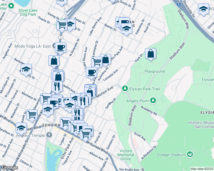 map of restaurants, bars, coffee shops, grocery stores, and more near 1711 Morton Avenue in Los Angeles