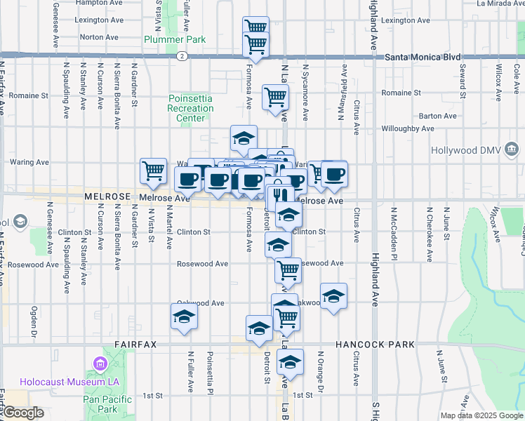 map of restaurants, bars, coffee shops, grocery stores, and more near 651 North Detroit Street in Los Angeles