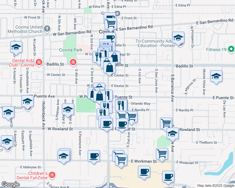 map of restaurants, bars, coffee shops, grocery stores, and more near 139 East Puente Street in Covina