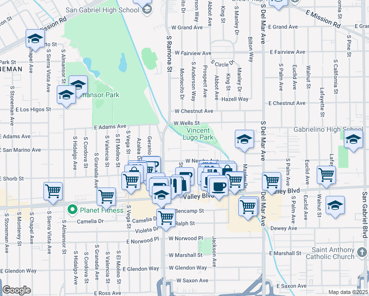 map of restaurants, bars, coffee shops, grocery stores, and more near 1330 Stevens Avenue in San Gabriel