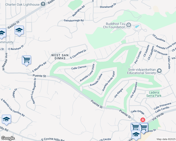 map of restaurants, bars, coffee shops, grocery stores, and more near 1516 Calle Miradero in San Dimas