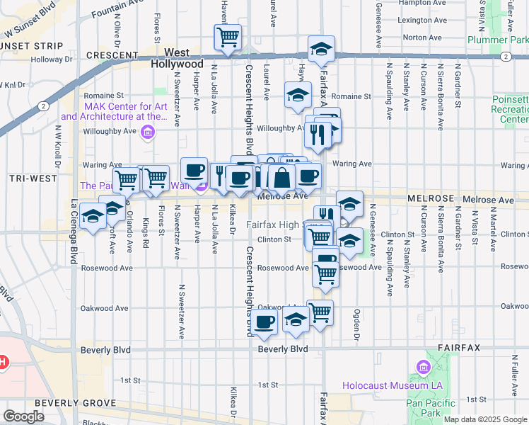 map of restaurants, bars, coffee shops, grocery stores, and more near 647 North Laurel Avenue in Los Angeles