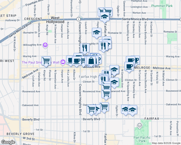 map of restaurants, bars, coffee shops, grocery stores, and more near 649 North Edinburgh Avenue in Los Angeles