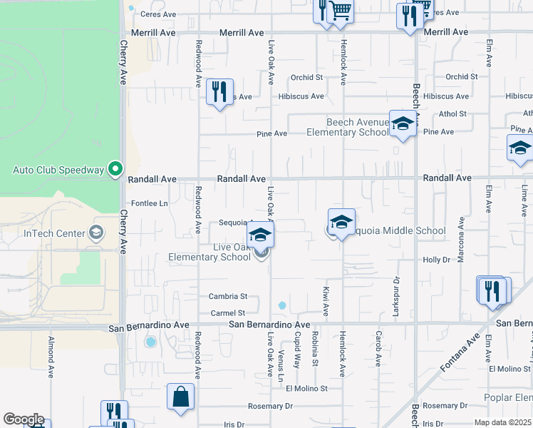map of restaurants, bars, coffee shops, grocery stores, and more near 9398 Live Oak Avenue in Fontana