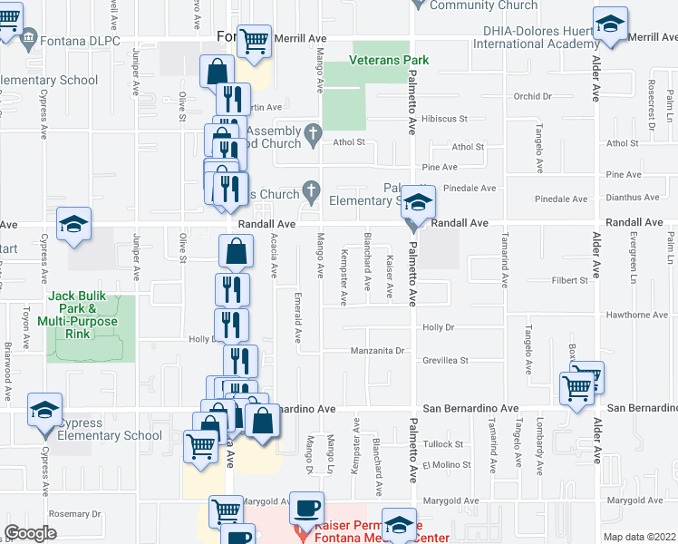 map of restaurants, bars, coffee shops, grocery stores, and more near 9406 Kempster Avenue in Fontana