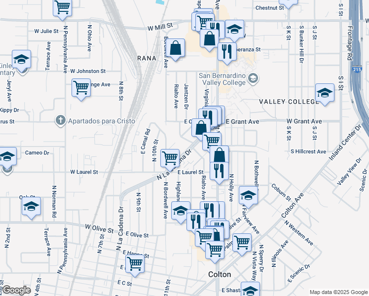 map of restaurants, bars, coffee shops, grocery stores, and more near 1377 North La Cadena Drive in Colton