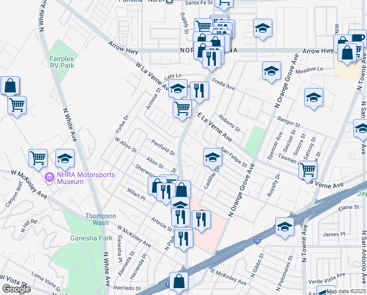 map of restaurants, bars, coffee shops, grocery stores, and more near 2010 North Garey Avenue in Pomona