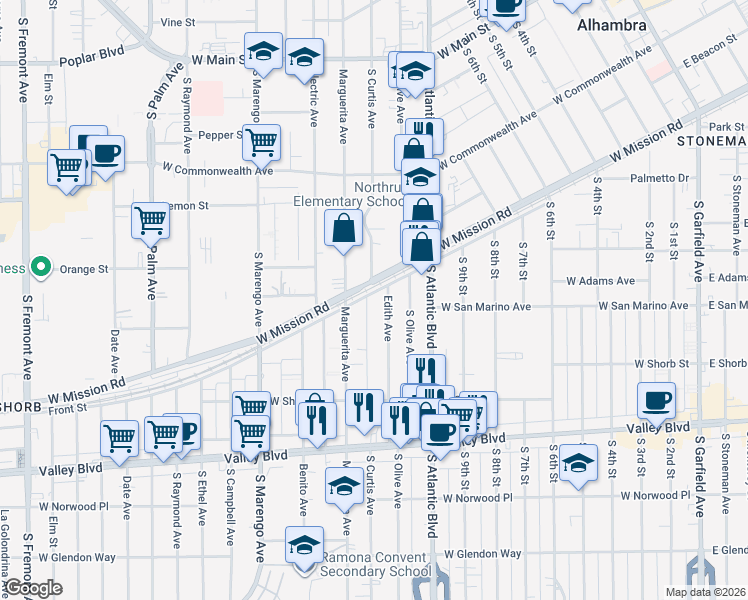 map of restaurants, bars, coffee shops, grocery stores, and more near 800 Curtis Lane in Alhambra