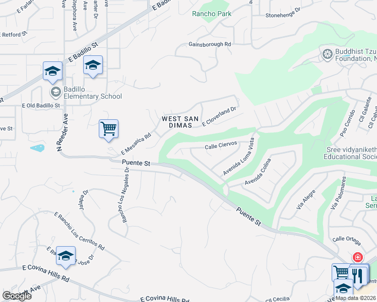 map of restaurants, bars, coffee shops, grocery stores, and more near 1728 Calle Ciervos in San Dimas