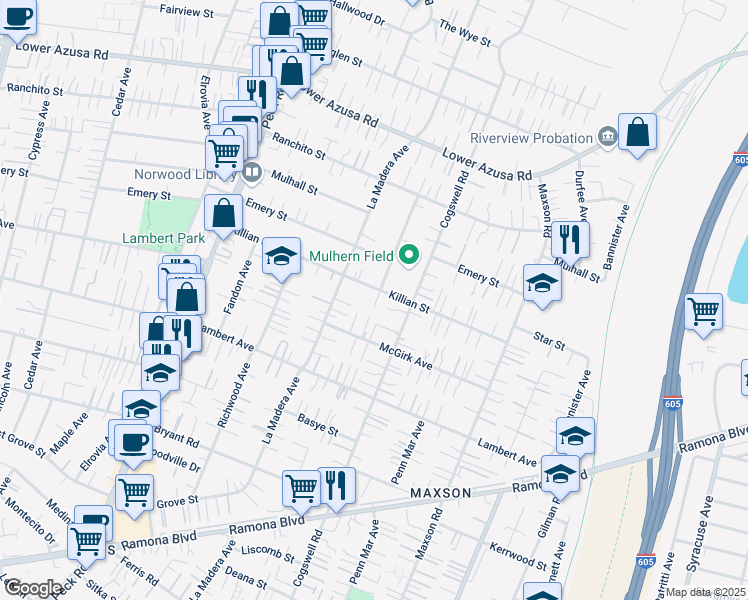 map of restaurants, bars, coffee shops, grocery stores, and more near 11836 Killian Street in El Monte