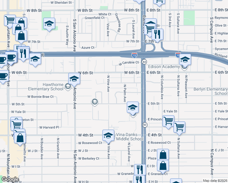 map of restaurants, bars, coffee shops, grocery stores, and more near 338 West Bonnie Brae Court in Ontario