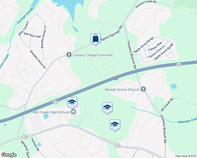 map of restaurants, bars, coffee shops, grocery stores, and more near 4911 Flower Spout Drive in Buford
