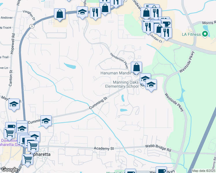 map of restaurants, bars, coffee shops, grocery stores, and more near 2040 Monroe Drive in Alpharetta