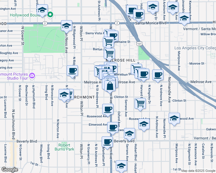 map of restaurants, bars, coffee shops, grocery stores, and more near 641 North Western Avenue in Los Angeles