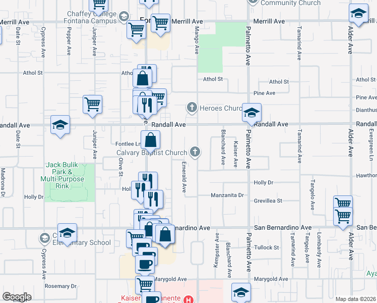 map of restaurants, bars, coffee shops, grocery stores, and more near 9405 Emerald Ave in Fontana