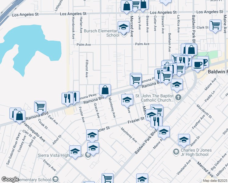 map of restaurants, bars, coffee shops, grocery stores, and more near 13648 Ramona Parkway in Baldwin Park