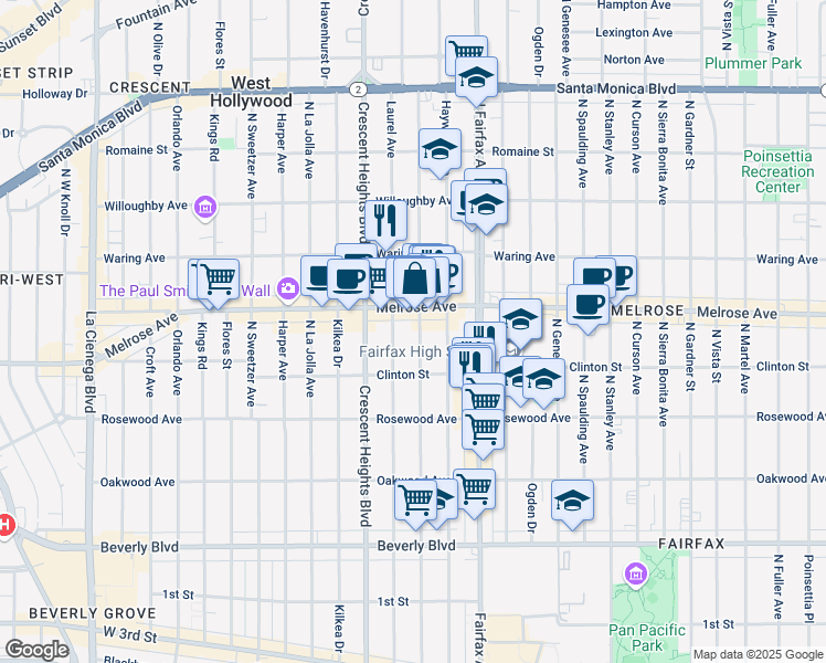 map of restaurants, bars, coffee shops, grocery stores, and more near 649 North Edinburgh Avenue in Los Angeles
