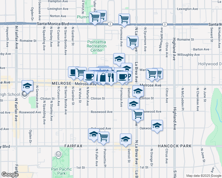 map of restaurants, bars, coffee shops, grocery stores, and more near 637 North Alta Vista Boulevard in Los Angeles