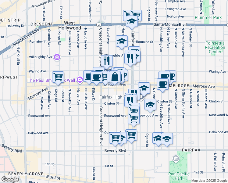 map of restaurants, bars, coffee shops, grocery stores, and more near 649 North Edinburgh Avenue in Los Angeles