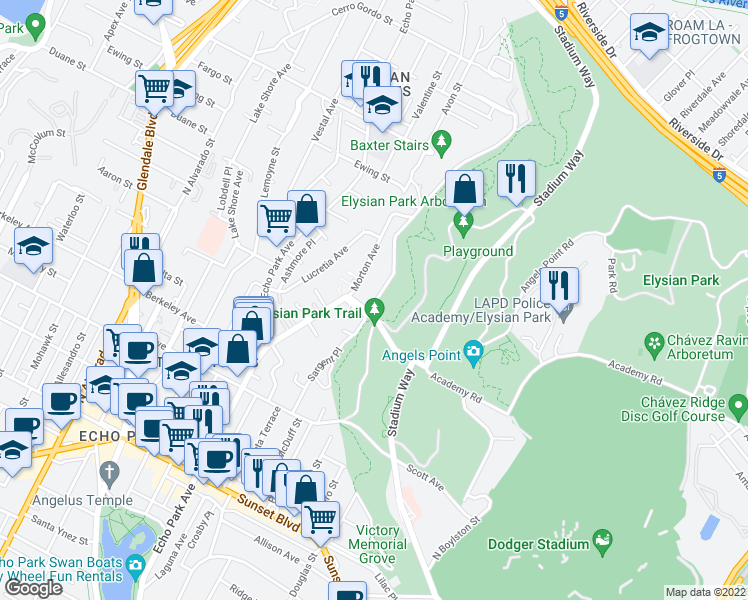 map of restaurants, bars, coffee shops, grocery stores, and more near 1811 Park Drive in Los Angeles