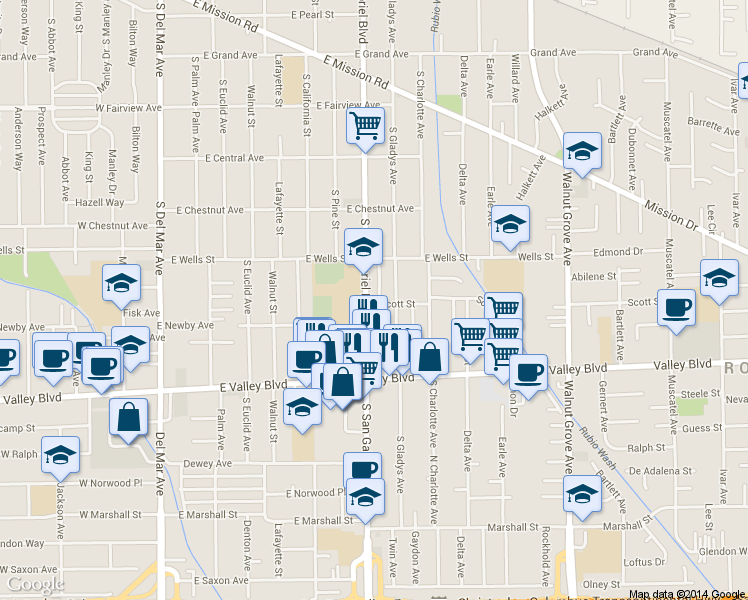 map of restaurants, bars, coffee shops, grocery stores, and more near 1408 South San Gabriel Boulevard in San Gabriel