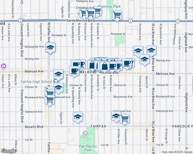 map of restaurants, bars, coffee shops, grocery stores, and more near 637 North Gardner Street in Los Angeles