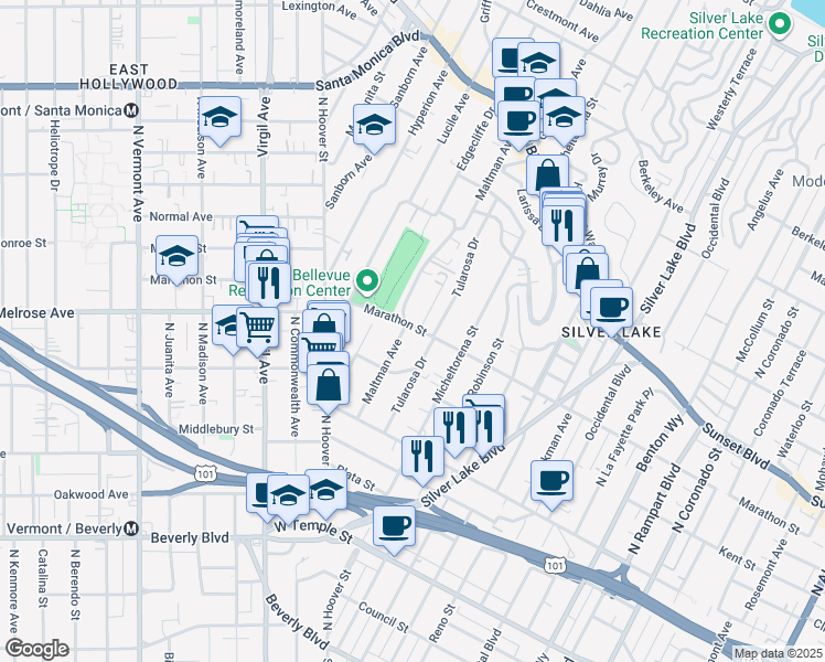 map of restaurants, bars, coffee shops, grocery stores, and more near 754 Maltman Avenue in Los Angeles