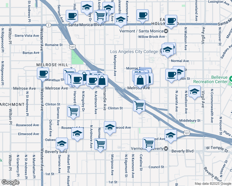 map of restaurants, bars, coffee shops, grocery stores, and more near 660 North Mariposa Avenue in Los Angeles
