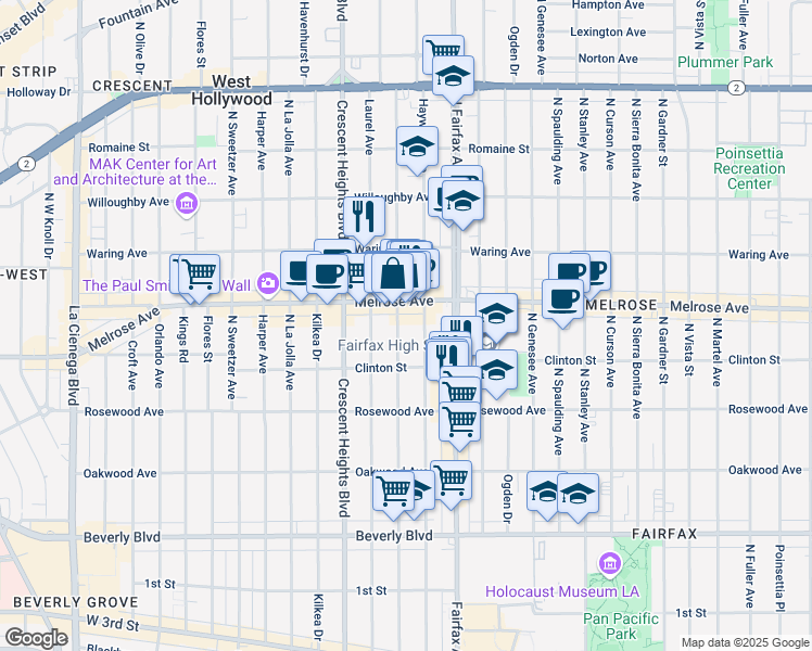 map of restaurants, bars, coffee shops, grocery stores, and more near 648 North Edinburgh Avenue in Los Angeles