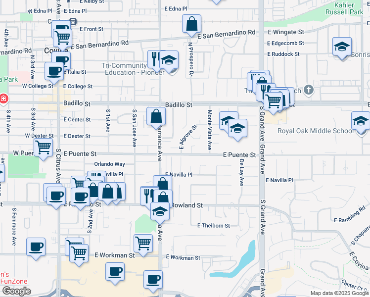 map of restaurants, bars, coffee shops, grocery stores, and more near 554 East Algrove Street in Covina
