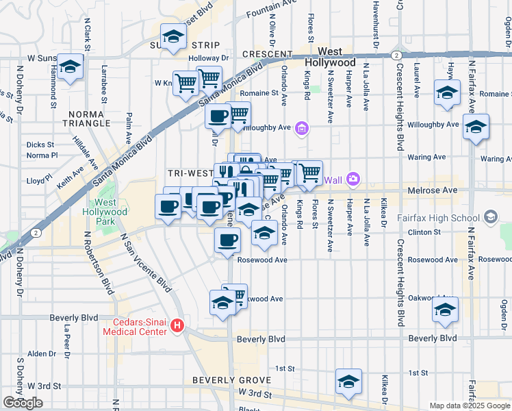 map of restaurants, bars, coffee shops, grocery stores, and more near 630 North La Cienega Boulevard in Los Angeles