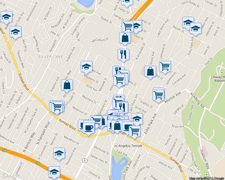 map of restaurants, bars, coffee shops, grocery stores, and more near 1520 Allesandro Street in Los Angeles