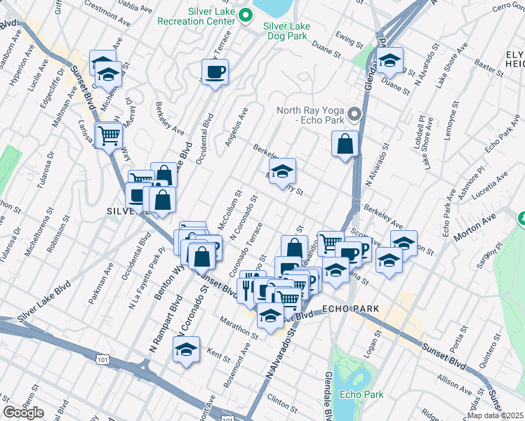 map of restaurants, bars, coffee shops, grocery stores, and more near 1419 Coronado Terrace in Los Angeles