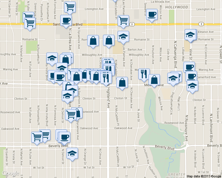 map of restaurants, bars, coffee shops, grocery stores, and more near 634 North Highland Avenue in Los Angeles