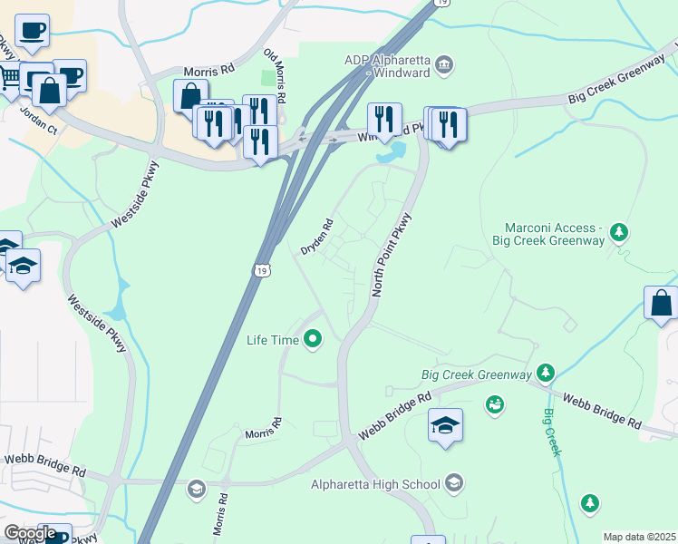 map of restaurants, bars, coffee shops, grocery stores, and more near 753 Topsail Lane in Alpharetta