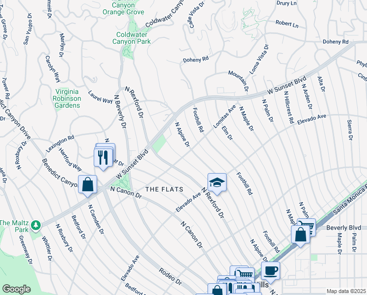 map of restaurants, bars, coffee shops, grocery stores, and more near 803 North Alpine Drive in Beverly Hills