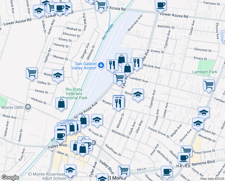 map of restaurants, bars, coffee shops, grocery stores, and more near 10938 Basye Street in El Monte