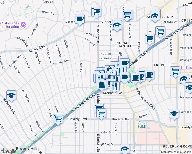 map of restaurants, bars, coffee shops, grocery stores, and more near 614 North Oakhurst Drive in Beverly Hills