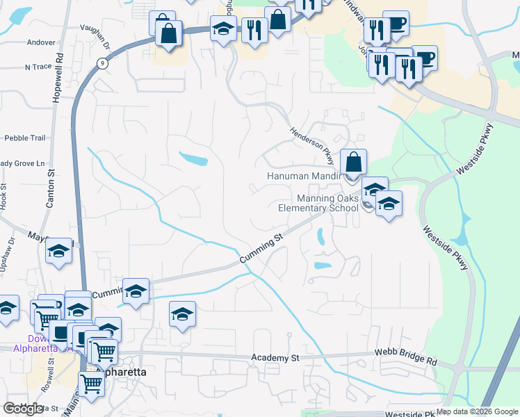 map of restaurants, bars, coffee shops, grocery stores, and more near 4085 Monroe Ct in Alpharetta