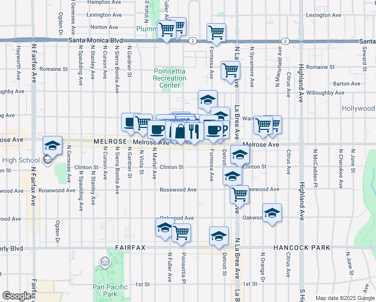 map of restaurants, bars, coffee shops, grocery stores, and more near 640 North Poinsettia Place in Los Angeles