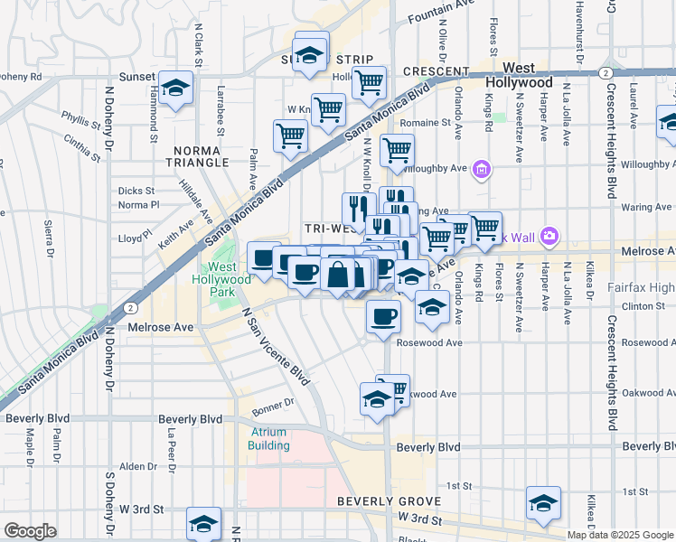 map of restaurants, bars, coffee shops, grocery stores, and more near 636 Westmount Drive in West Hollywood