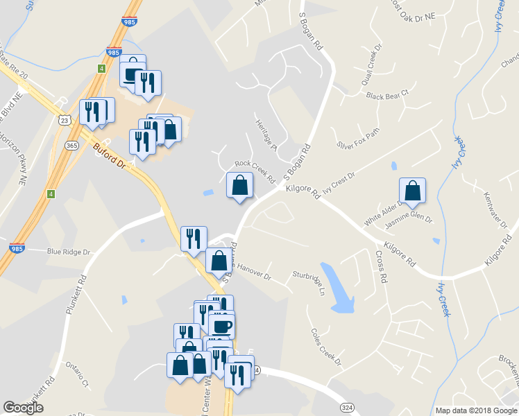 map of restaurants, bars, coffee shops, grocery stores, and more near 1990 Harvest Ridge Circle Northeast in Buford