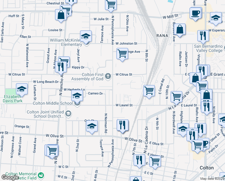 map of restaurants, bars, coffee shops, grocery stores, and more near 1419 North Pennsylvania Avenue in Colton