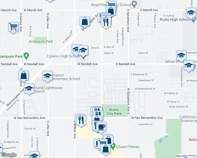 map of restaurants, bars, coffee shops, grocery stores, and more near 1012 South Riverside Avenue in Rialto