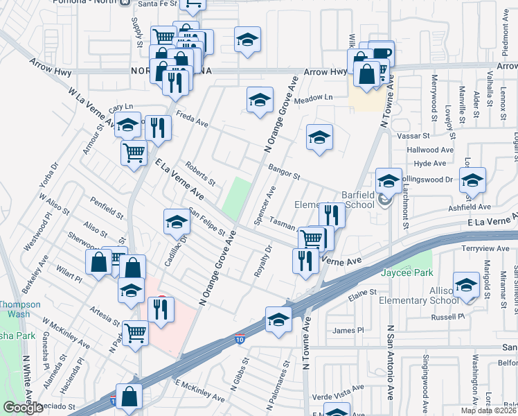 map of restaurants, bars, coffee shops, grocery stores, and more near 2130 North Orange Grove Avenue in Pomona