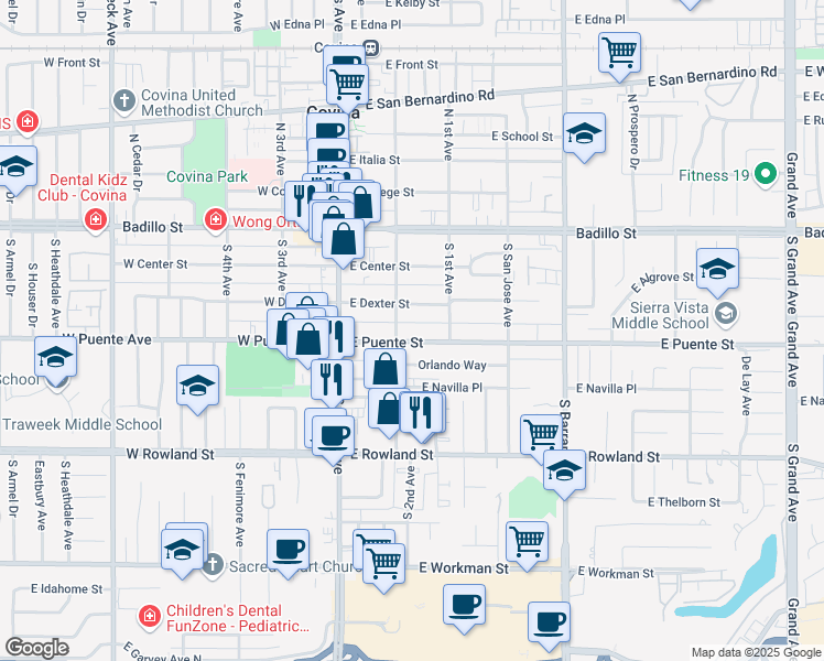 map of restaurants, bars, coffee shops, grocery stores, and more near 173 East Puente Street in Covina