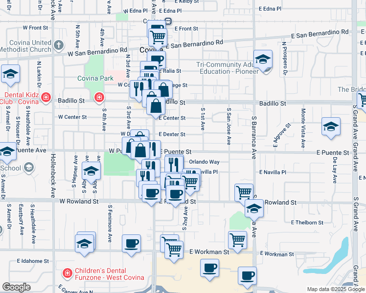 map of restaurants, bars, coffee shops, grocery stores, and more near 173 East Puente Street in Covina